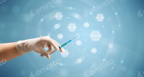 Preview: Female Doctor Hand Holding Syringe With Blue Background