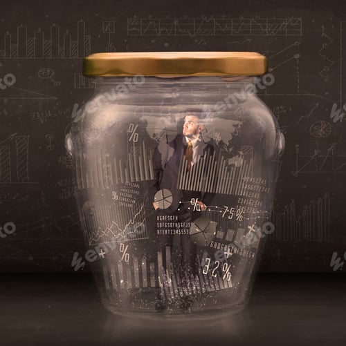 Preview: Businessman Traped In Jar With Graph Chart Symbols Concept On Background