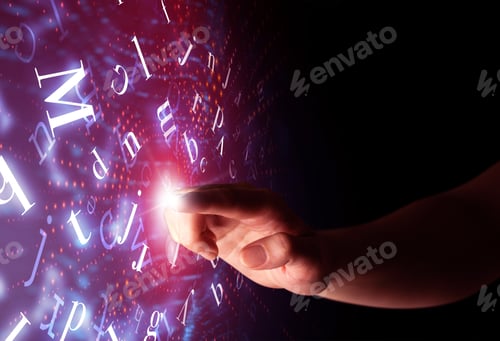 Preview: Female Finger Touching A Beam Of Light Surrounded By A Pink Background With Alphabet Letters