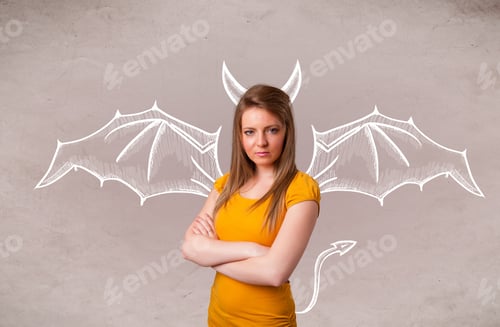 Preview: Young Nasty Girl With Devil Horns And Wings Drawing