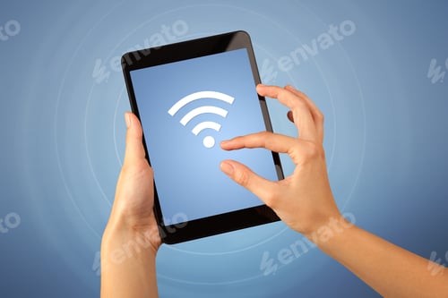 Preview: Female Fingers Touching Tablet With Wireless Connection Icon