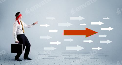 Preview: A Lost Young Sales Person With Blindfolds Trying To Find The Right Path Concept With Large Blue