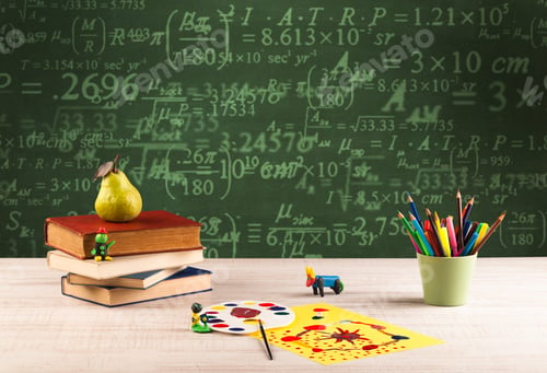 Preview: A Stuffed School Desk With Green Blackboard In The Background Full Of Numbers, Calculation