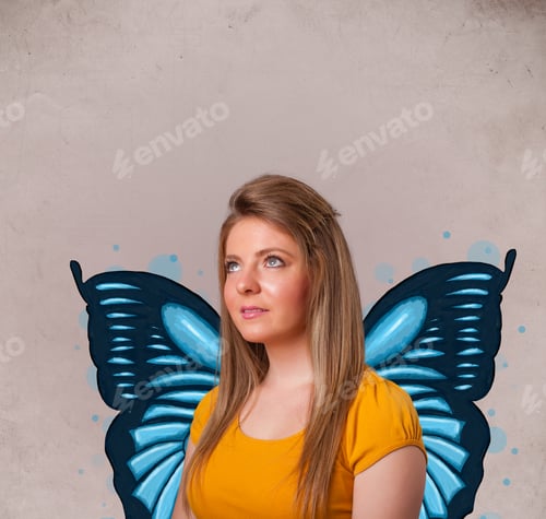 Preview: Cute Young Girl With Butterfly Blue Illustration On The Back
