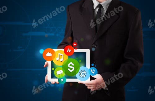 Preview: Young Businessman Presenting Colorful Modern Signs