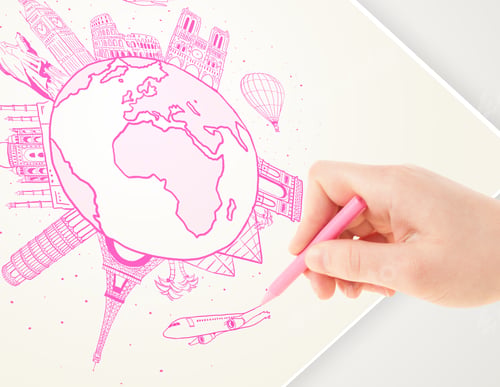 Vista previa: Hand Drawing Vacation Trip Around The Globe With Landmarks And Major Cities