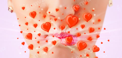 Preview: Pretty Lady Lips With Lovely Red Hearts Close Up