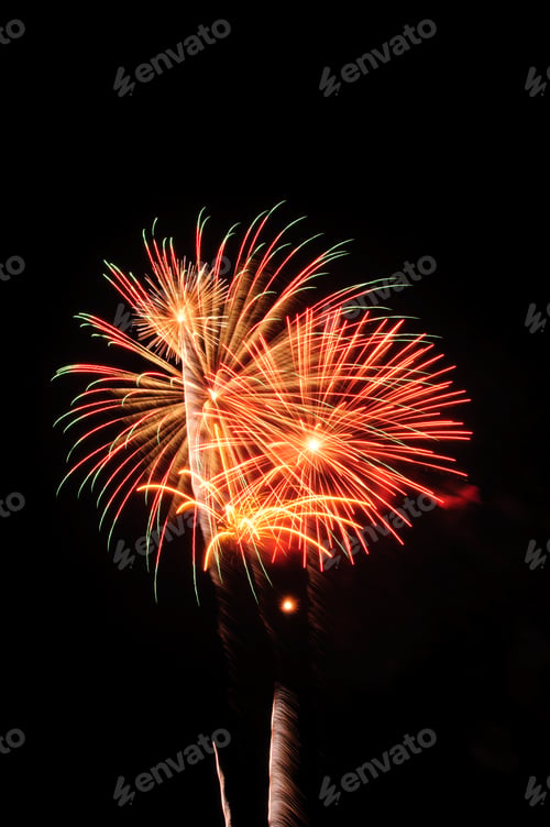 Preview: Three Bursts Of Fireworks In A Group, With Two Rocket Trails