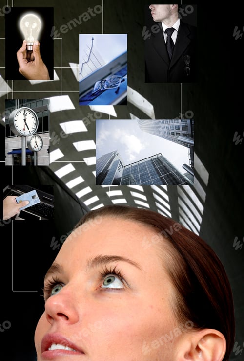 Preview: Business Vision And Creativity - Businesswoman With Lots Of Ideas On Her Mind