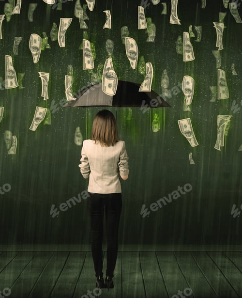 Preview: Businesswoman Standing With Umbrella In Dollar Bill Rain Concept On Background