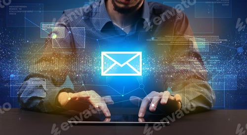 Preview: Businessman In Suit Typing With Communication, Mailing Concept Around
