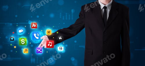 Preview: Young Businessman Pressing Various Collection Of Buttons