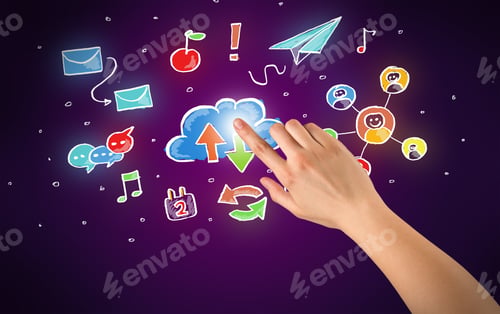 Preview: Female Hand Toucing Mixed Media Icons With Purple Background
