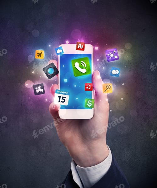 Preview: Caucasian Hand In Business Suit Holding A Smartphone With Colorful Media Icons