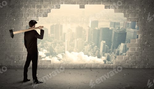 Preview: Business Man Hitting Wall With Hammer On City View Background