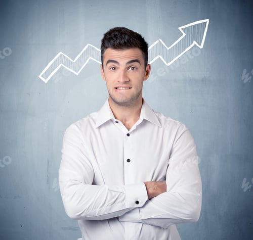Preview: A Handsome Sales Guy Standing In Front Of A Blue Urban Concrete Wall With Illustration Of White