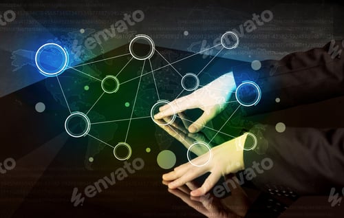 Preview: Male Hands Touching Interactive Table With Colorful World Map On It