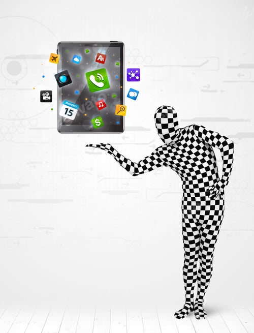 Preview: Funny Man In Full Body Suit Holdig Tablet Pc, New Technology Concept