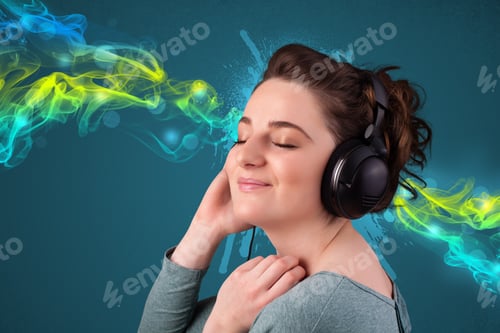 Preview: Pretty Young Woman With Headphones Listening To Music, Glowing Smoke Concept