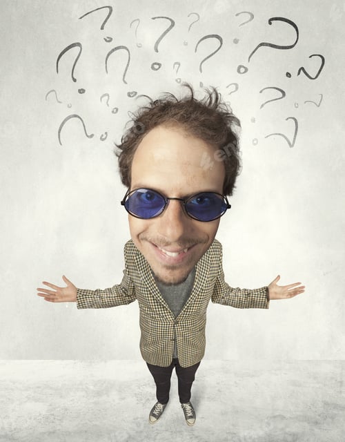 Preview: Funny Person With Big Head And Drawn Question Marks Over It