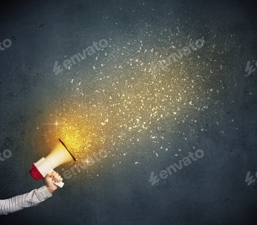 Preview: Caucasian Business Hand Holding Megaphone With Yellow Sparkles