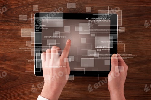 Preview: Caucasian Business Hands Holding And Working On Tablet