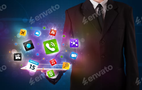 Preview: Young Businessman Holding A Tablet With Modern Colorful Apps And Icons