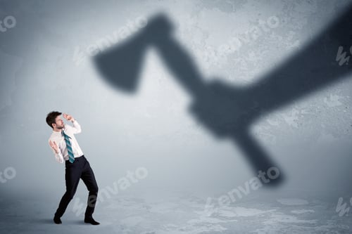 Preview: Businessman Afraid Of A Huge Shadow Hand Holding An Axe Concept On Background