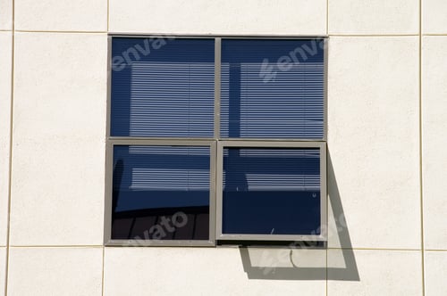 Preview: Four Windows, One Open, Single Shadow, In Exterior Whitewashed Wall In Sunlight