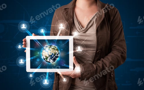 Preview: Young Woman Presenting 3D Earth Globe In Modern Tablet