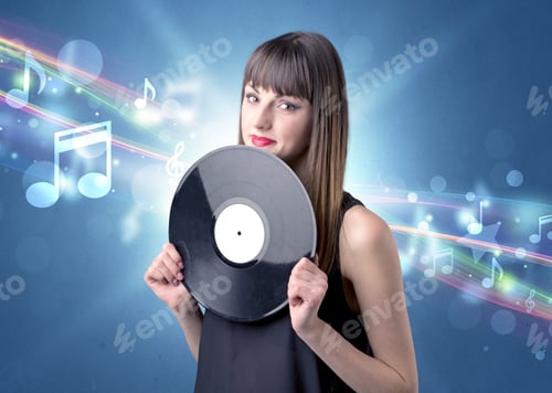 Preview: Young Lady Holding Vinyl Record On A Blue Background With Musical Notes Behind Her