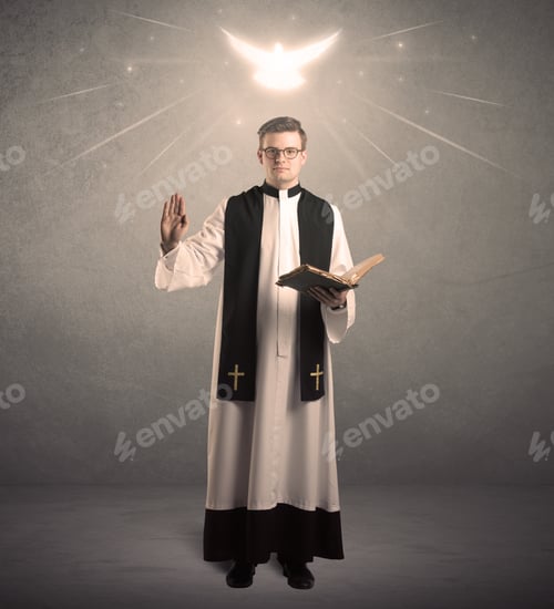 Preview: A Holy Priest Reading A Prayer From The Holy Bible With Illustrated Glowing Angel Above His Head