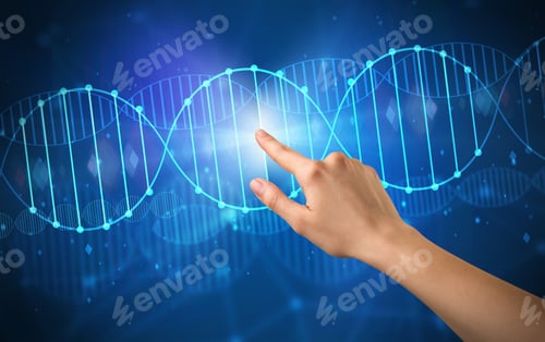Preview: Female Hand Touching Dna Molecule With Blue Background