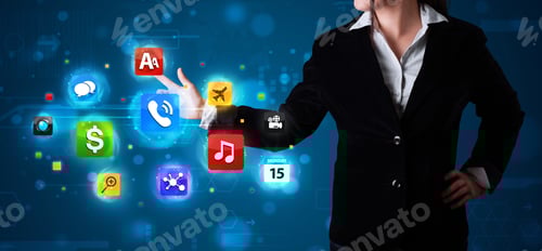 Preview: Young Woman Pressing Various Collection Of High Tech Buttons