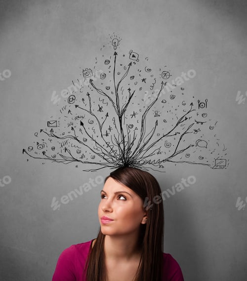 Preview: Pretty Young Woman Thinking With Tangled Lines Coming Out Of Her Head