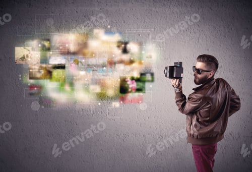 Preview: A Funny Stylish Hipster Guy Capturing Moments And Memories With A Retro Photo Camera Illustration
