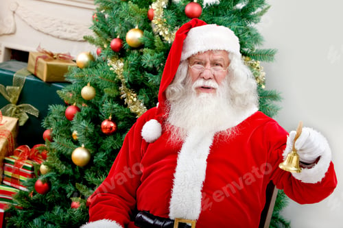 Preview: Santa Next To A Christmas Tree Holding A Bell
