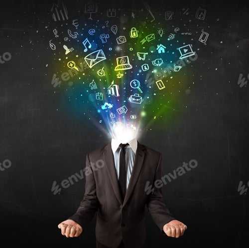 Preview: Business Man With Glowing Media Icons Exploding Head Concept
