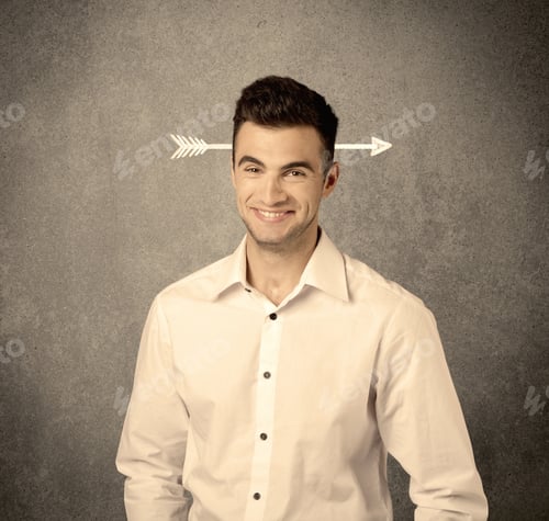 Preview: A Confused Young Business Guy Giving Thumbs Up With A Drawn Arrow Going Through His Head Concept