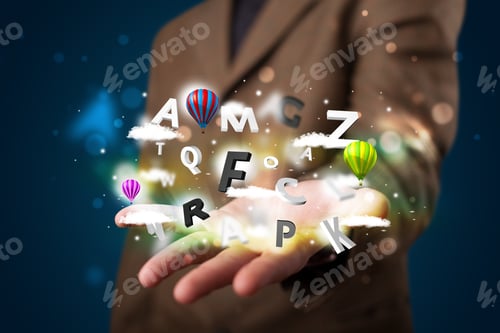 Preview: Young Business Man In Suit Presenting Magical Clouds With Letters And Balloons Concept
