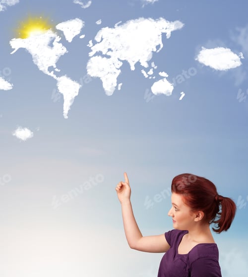 Preview: Young Casual Girl Looking At World Clouds And Sun On Blue Sky
