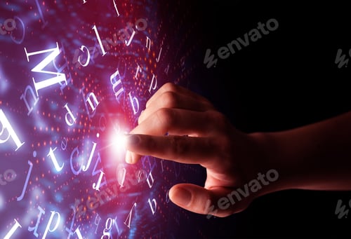 Preview: Female Finger Touching A Beam Of Light Surrounded By A Pink Background With Alphabet Letters