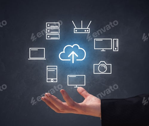 Preview: Cloud And Computing Related Icons Hovering Over Young Hand