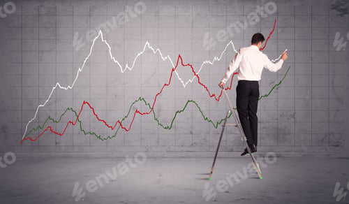 Preview: A Guy In Modern Suit Standing On A Small Ladder And Drawing A Chart On Grey Wall Background With