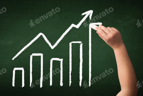 Preview: A Grown Up'S Hand Drawing Chart With Exponentially Growing Arrow On Green Chalkboard