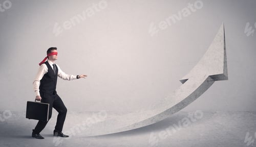 Preview: A Scared Blindfolded Businessman Forced To Face A Problem Concept With Illustrated Arrow Pointng To