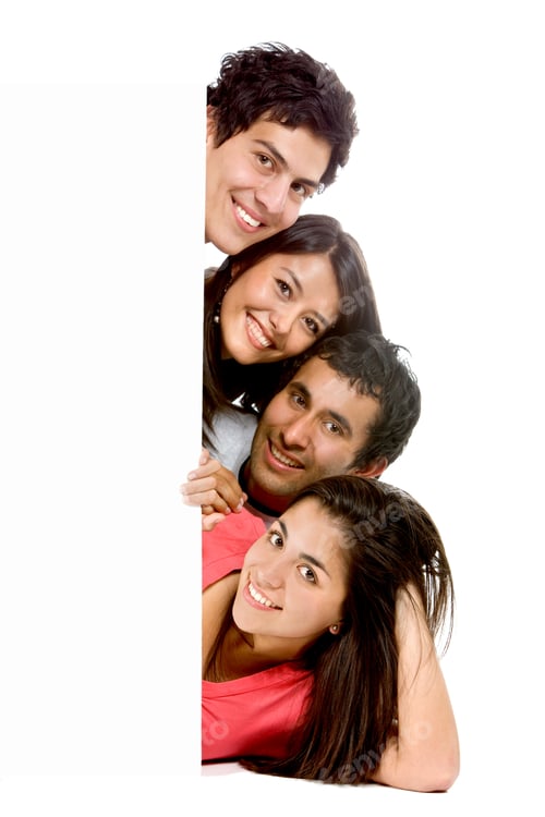 Preview: Group Of Friends Coming From A Banner Isolated Over White