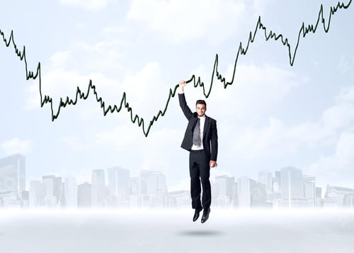 Preview: Businessman Hanging On A Graph Rope
