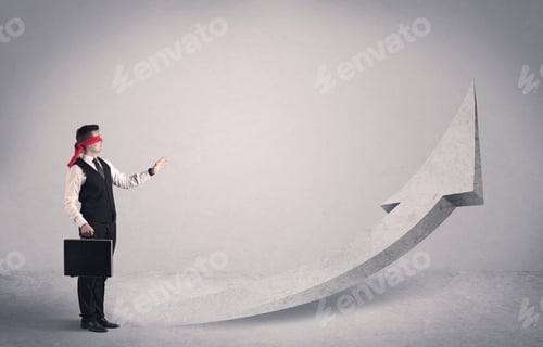 Preview: A Scared Blindfolded Businessman Forced To Face A Problem Concept With Illustrated Arrow Pointng To