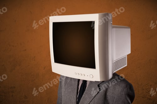 Preview: Business Man With A Monitor On His Head Concept And Brown Empty Space